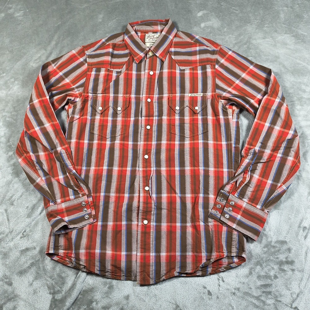 Lucky Brand Shirt Mens Small Red Plaid Sawtooth Pockets Western Cowboy Button Up